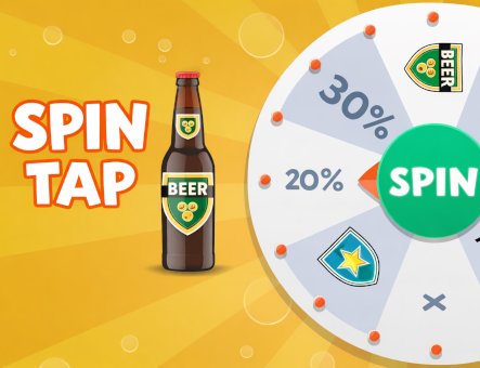 Spin-to-Win prize wheel game — a colourful branded wheel with brand colours and logo, players spin for a chance to win a discount or gift