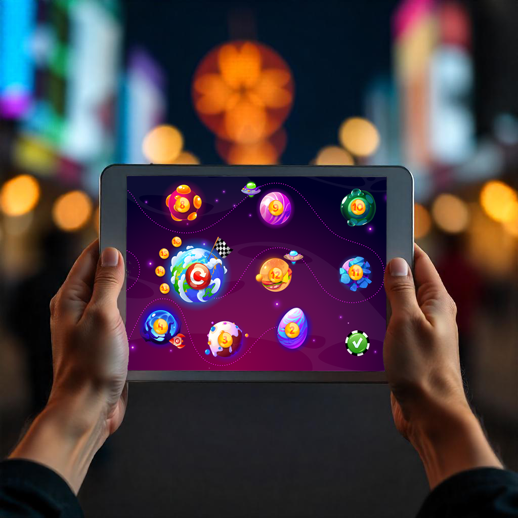 Planet Puzzle game played on a tablet, colorful skill game for enhancing marketing campaigns